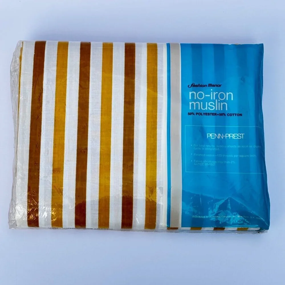 Vintage 1970s Flat Sheet Double Bed Gold Brown‎ White Stripes Blend New